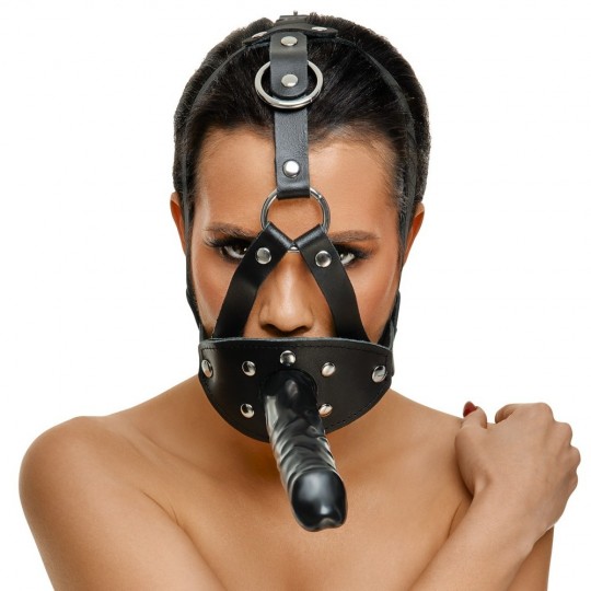 LEATHER HEAD HARNESS WITH DILDO