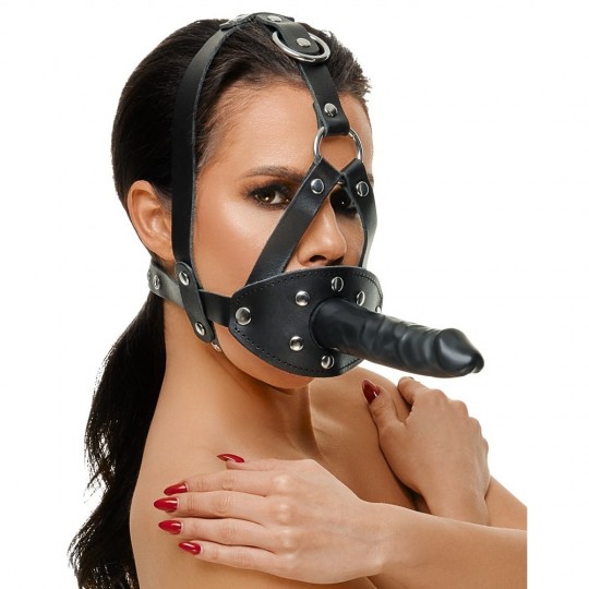 LEATHER HEAD HARNESS WITH DILDO