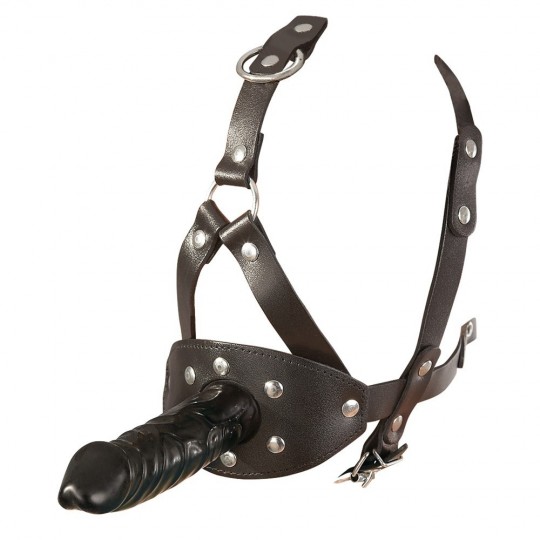LEATHER HEAD HARNESS WITH DILDO