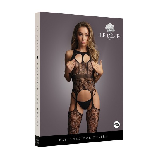 LACE SUSPENDER BODYSTOCKING WITH ROUND NECK - ONE SIZE